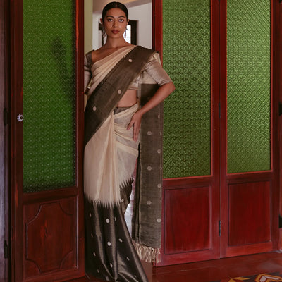 Cream Handloom Tissue Saree With Long Brown Border