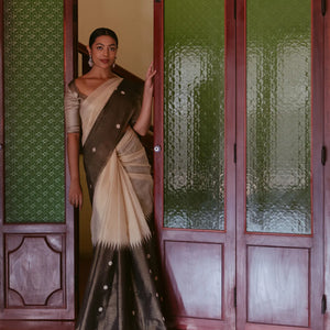 Cream Handloom Tissue Saree With Long Brown Border