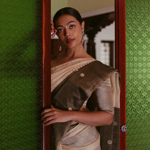 Cream Handloom Tissue Saree With Long Brown Border