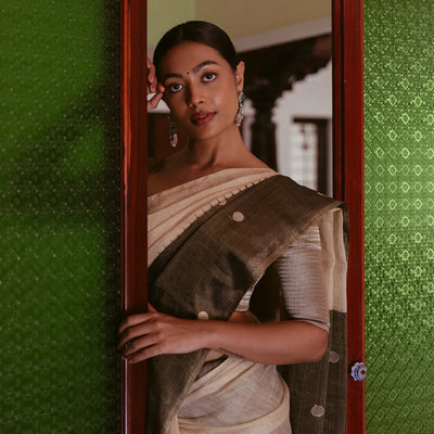 Cream Handloom Tissue Saree With Long Brown Border