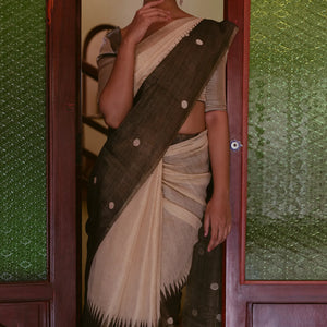 Cream Handloom Tissue Saree With Long Brown Border