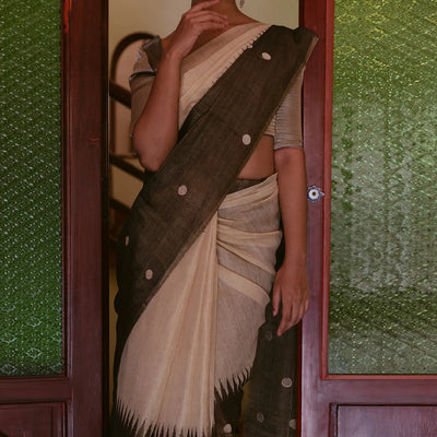 Cream Handloom Tissue Saree With Long Brown Border