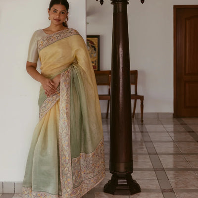 Green & Mustard Banarasi Crushed Tissue Saree With Embroidered Motifs