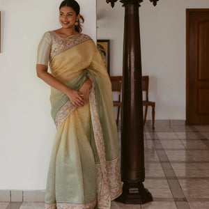 Green & Mustard Banarasi Crushed Tissue Saree With Embroidered Motifs