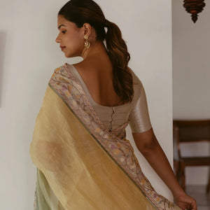 Green & Mustard Banarasi Crushed Tissue Saree With Embroidered Motifs