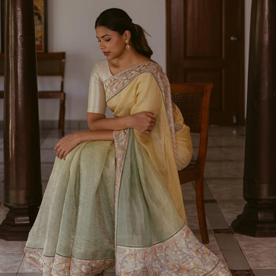 Green & Mustard Banarasi Crushed Tissue Saree With Embroidered Motifs