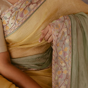Green & Mustard Banarasi Crushed Tissue Saree With Embroidered Motifs