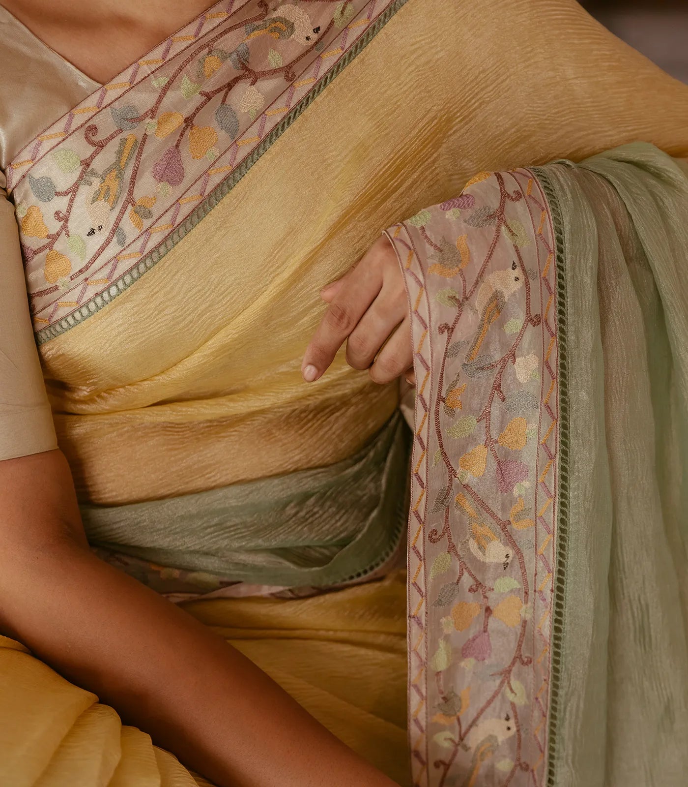 Green & Mustard Banarasi Crushed Tissue Saree With Embroidered Motifs