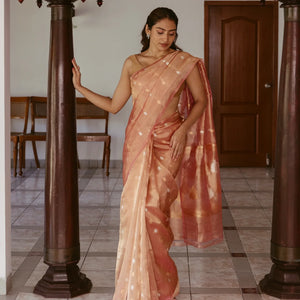 Peach Woven Banarasi Tissue Silk Saree With Floral Buttas