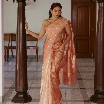 Peach Woven Banarasi Tissue Silk Saree With Floral Buttas