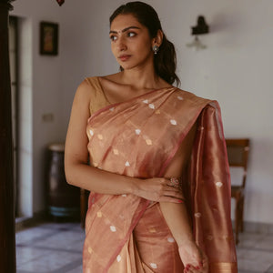 Peach Woven Banarasi Tissue Silk Saree With Floral Buttas