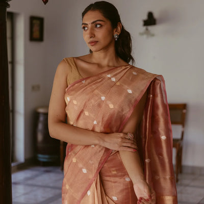 Peach Woven Banarasi Tissue Silk Saree With Floral Buttas