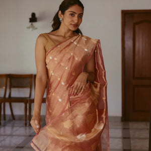 Peach Woven Banarasi Tissue Silk Saree With Floral Buttas