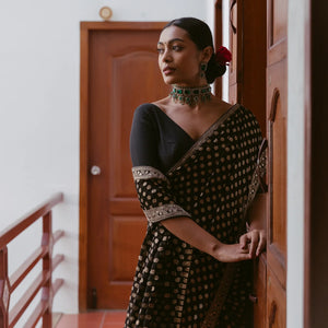 Black Woven Khadi Georgette Saree With Floral Motifs & Embroidery