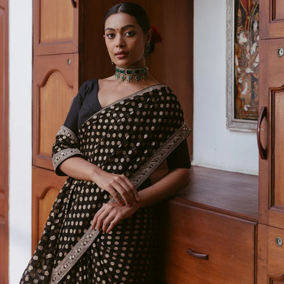 Black Woven Khadi Georgette Saree With Floral Motifs & Embroidery