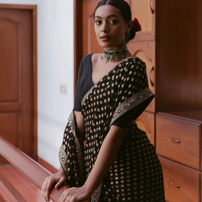 Black Woven Khadi Georgette Saree With Floral Motifs & Embroidery
