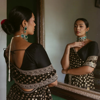 Black Woven Khadi Georgette Saree With Floral Motifs & Embroidery