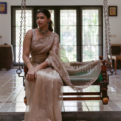 Taupe Woven Banarasi Glass Tissue Saree Embroidered With Floral Motifs