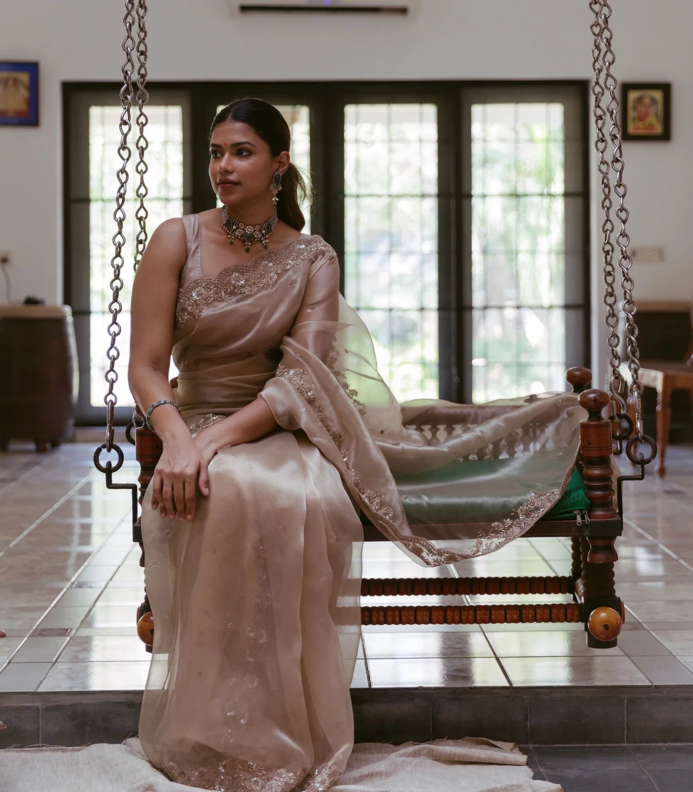 Taupe Woven Banarasi Glass Tissue Saree Embroidered With Floral Motifs