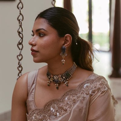 Taupe Woven Banarasi Glass Tissue Saree Embroidered With Floral Motifs