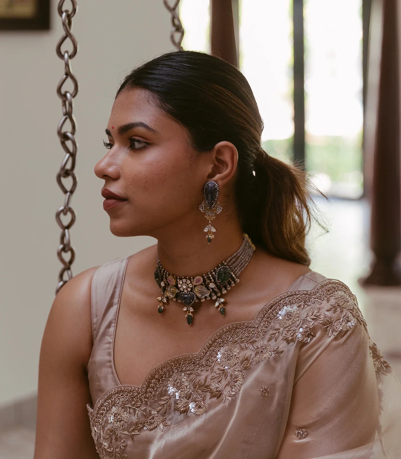 Taupe Woven Banarasi Glass Tissue Saree Embroidered With Floral Motifs