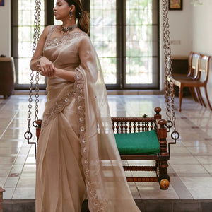 Taupe Woven Banarasi Glass Tissue Saree Embroidered With Floral Motifs