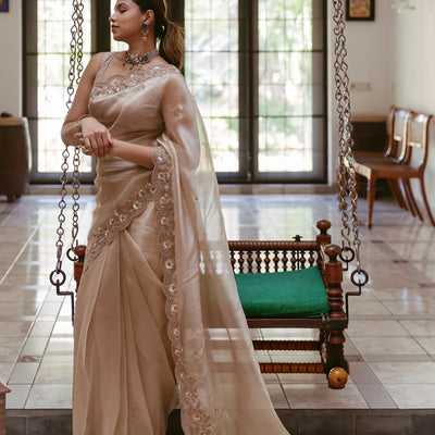 Taupe Woven Banarasi Glass Tissue Saree Embroidered With Floral Motifs