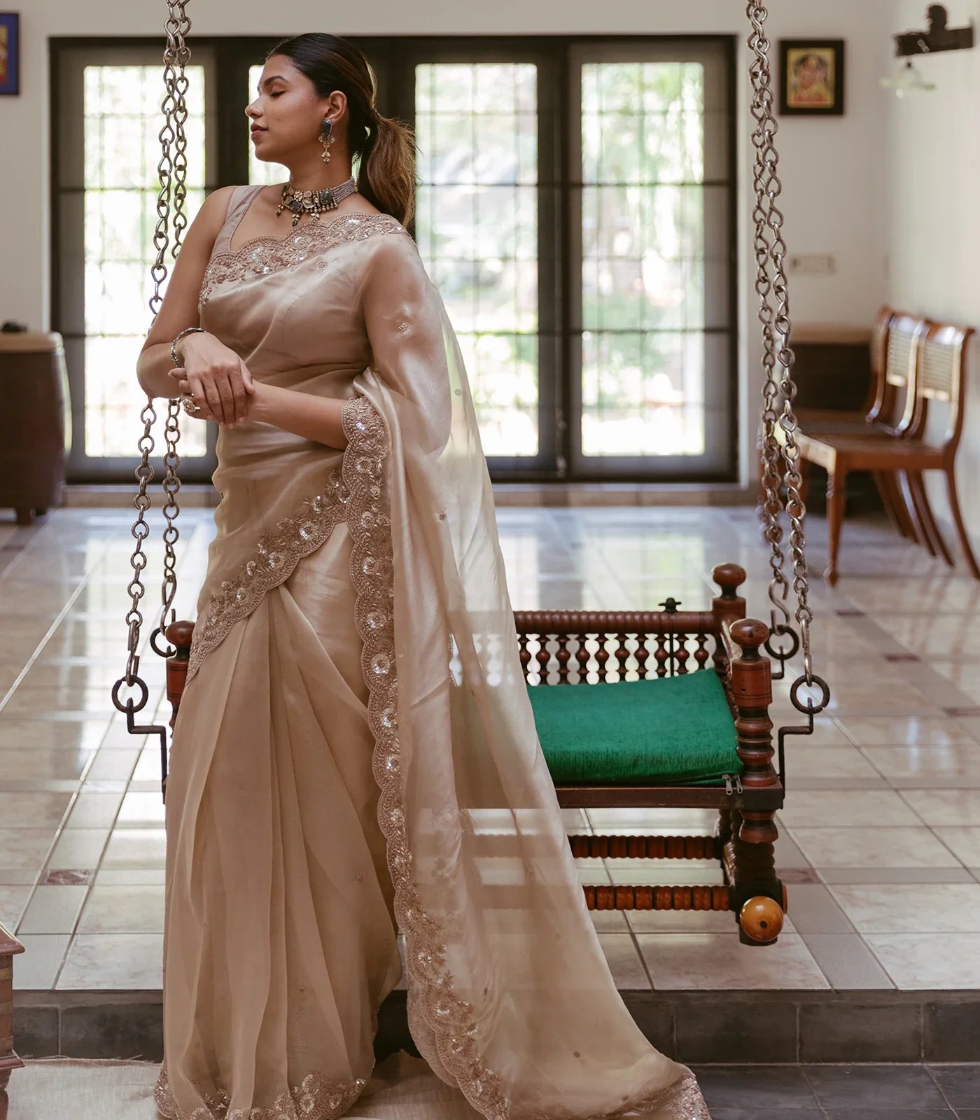 Taupe Woven Banarasi Glass Tissue Saree Embroidered With Floral Motifs