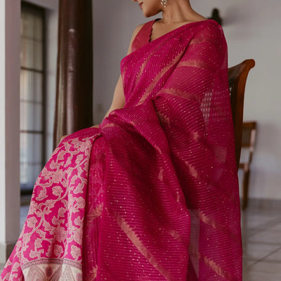 Pink Handwoven Organza & Linen Partly Saree