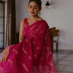 Pink Handwoven Organza & Linen Partly Saree