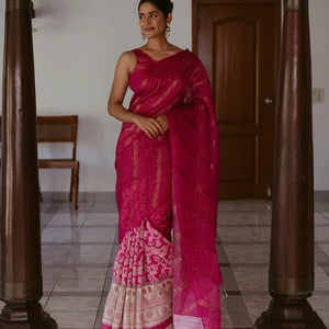 Pink Handwoven Organza & Linen Partly Saree