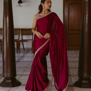 Burgundy Woven Plain Satin Saree With Embroidered Border