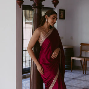 Burgundy Woven Plain Satin Saree With Embroidered Border