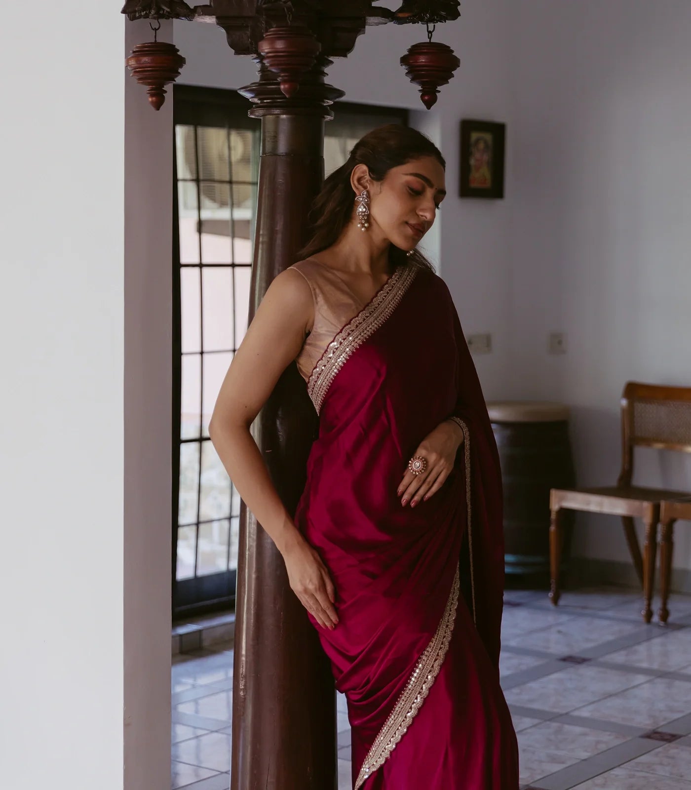 Burgundy Woven Plain Satin Saree With Embroidered Border