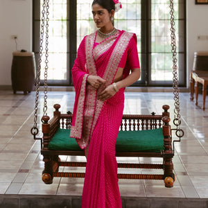Pink Woven Georgette Saree With Floral Embroidery