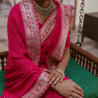 Pink Woven Georgette Saree With Floral Embroidery