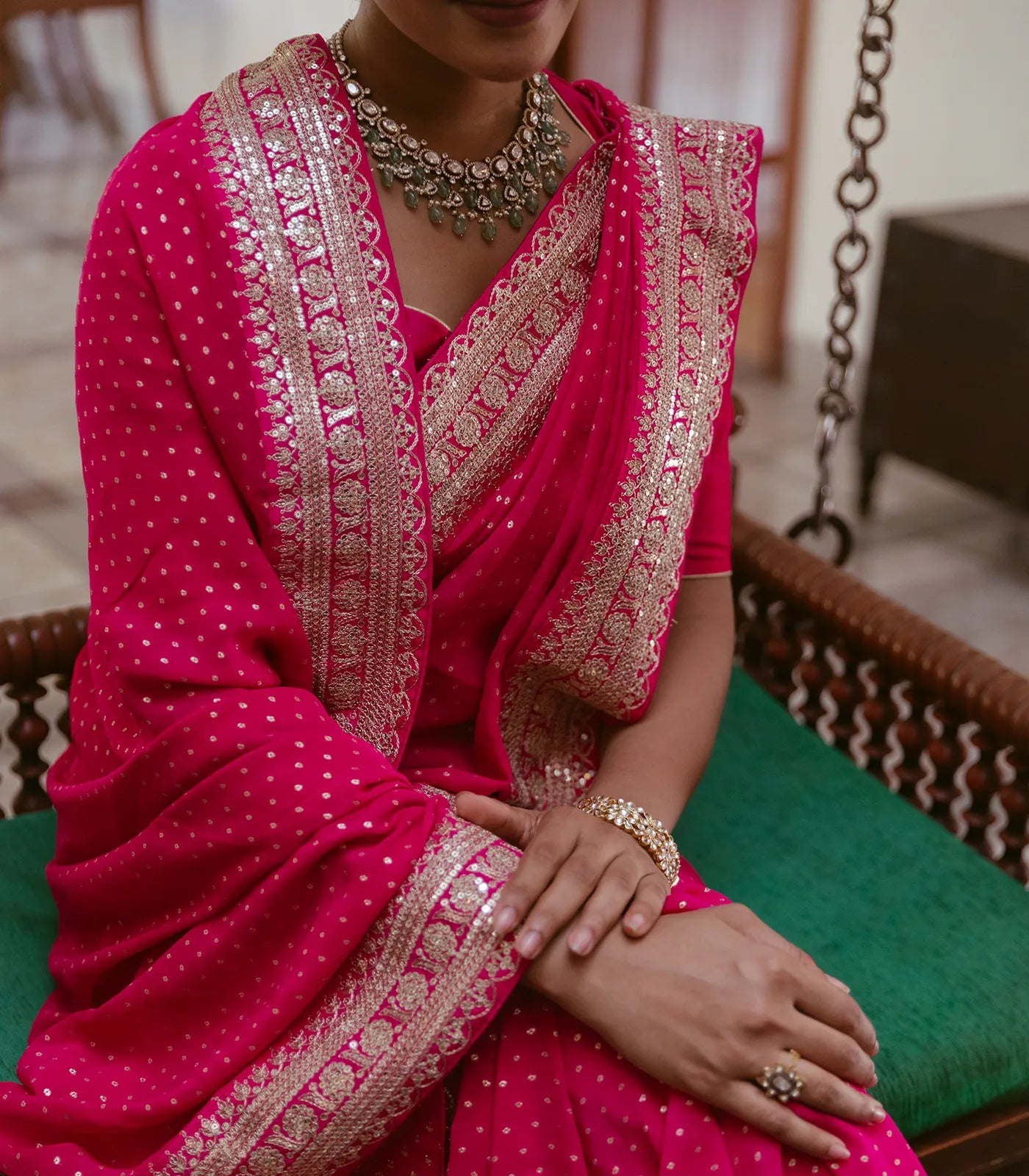 Pink Woven Georgette Saree With Floral Embroidery