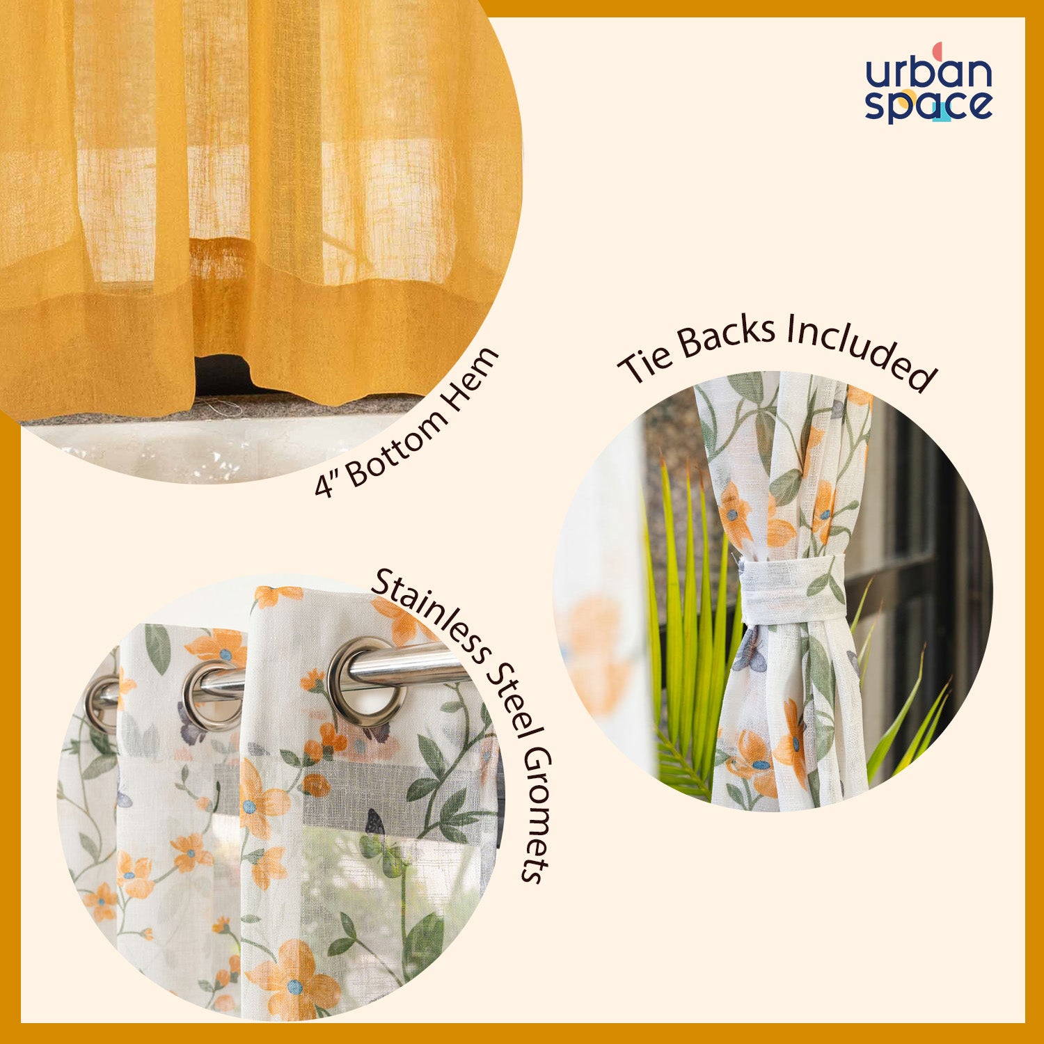 Sheer Curtains Combo, Set of 3 curtains, 35-40% Room Darkening Decorative Curtains - Floral Yellow & Yellow