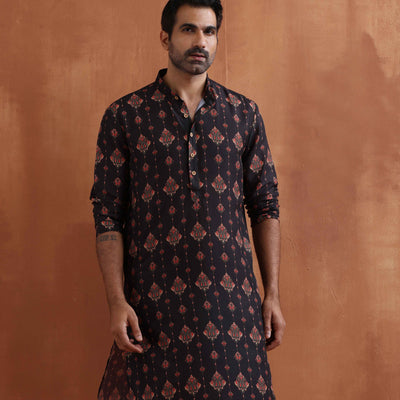 trueBrowns Men's Black Printed Kurta