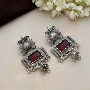 trueBrowns Silver Tone Red Stone Dangle Earrings