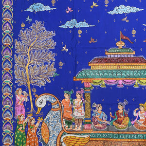 Royal Blue Yellow Boita Theme  Hand-Painted Pattachitra Saree