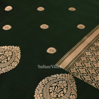 Bottle Green Floral Motif Mashru Satin Silk Banarasi Saree