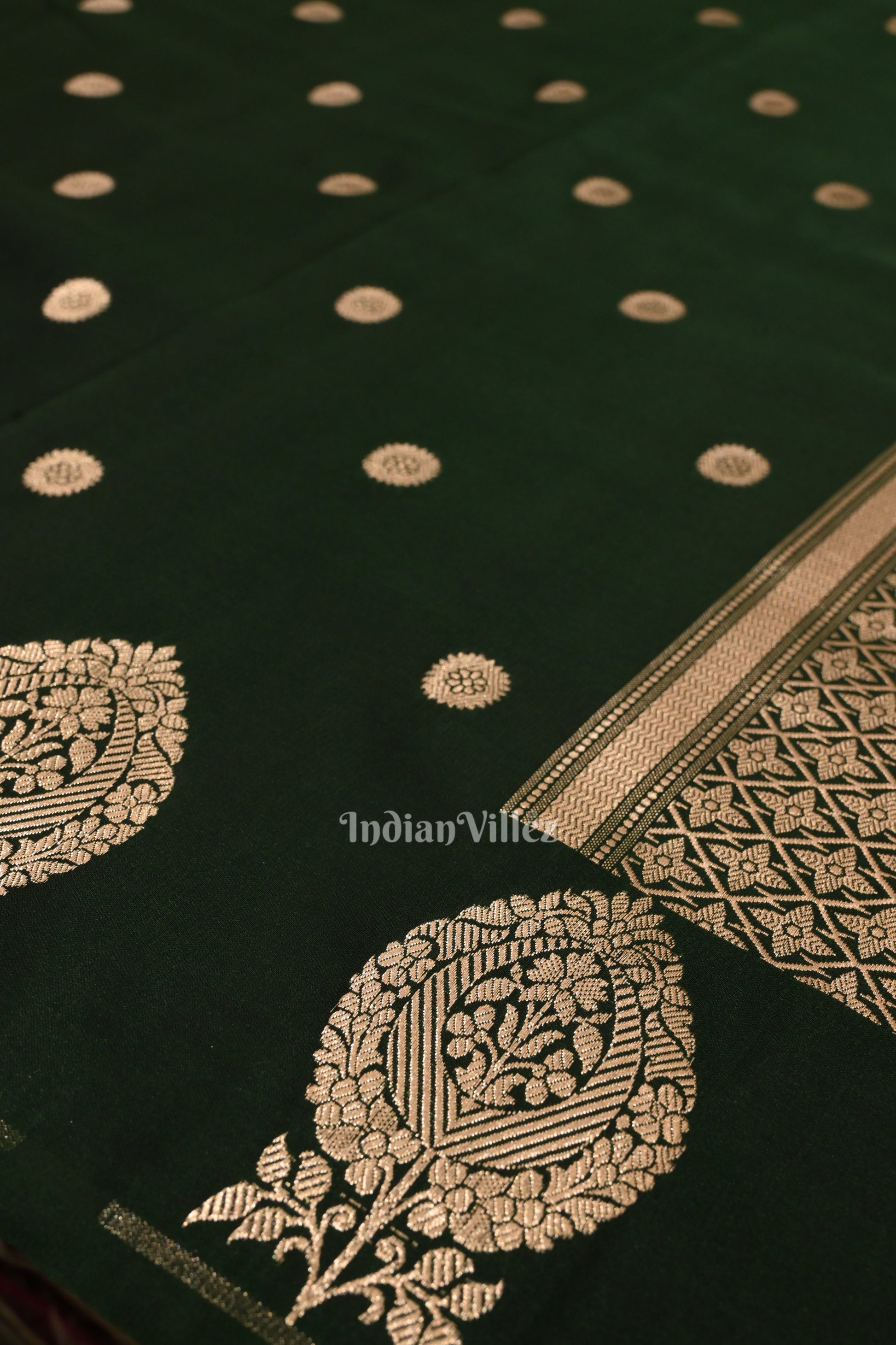 Bottle Green Floral Motif Mashru Satin Silk Banarasi Saree