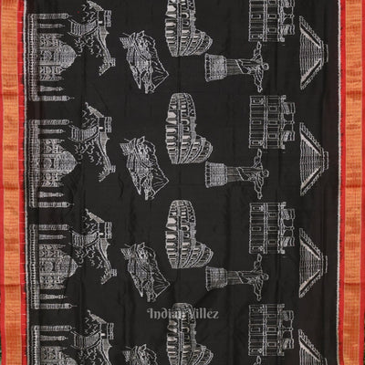 Pure Black Half Tissue Sambalpuri Silk Saree ( 7 Wonders of the World)