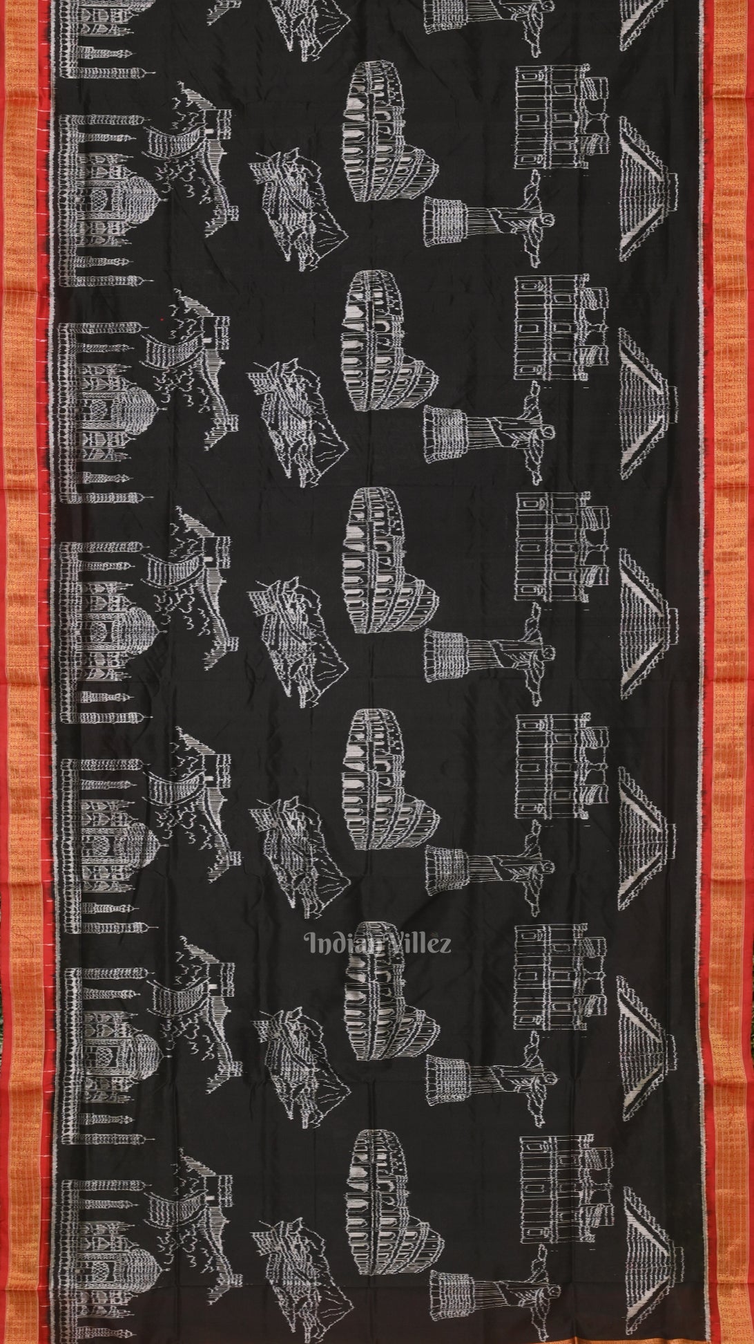 Pure Black Half Tissue Sambalpuri Silk Saree ( 7 Wonders of the World)