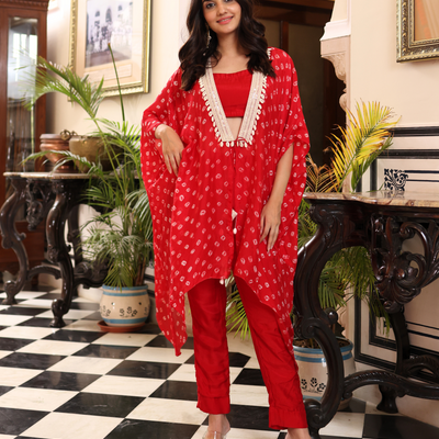 Flaming Red Bandhani Silk Coord Set