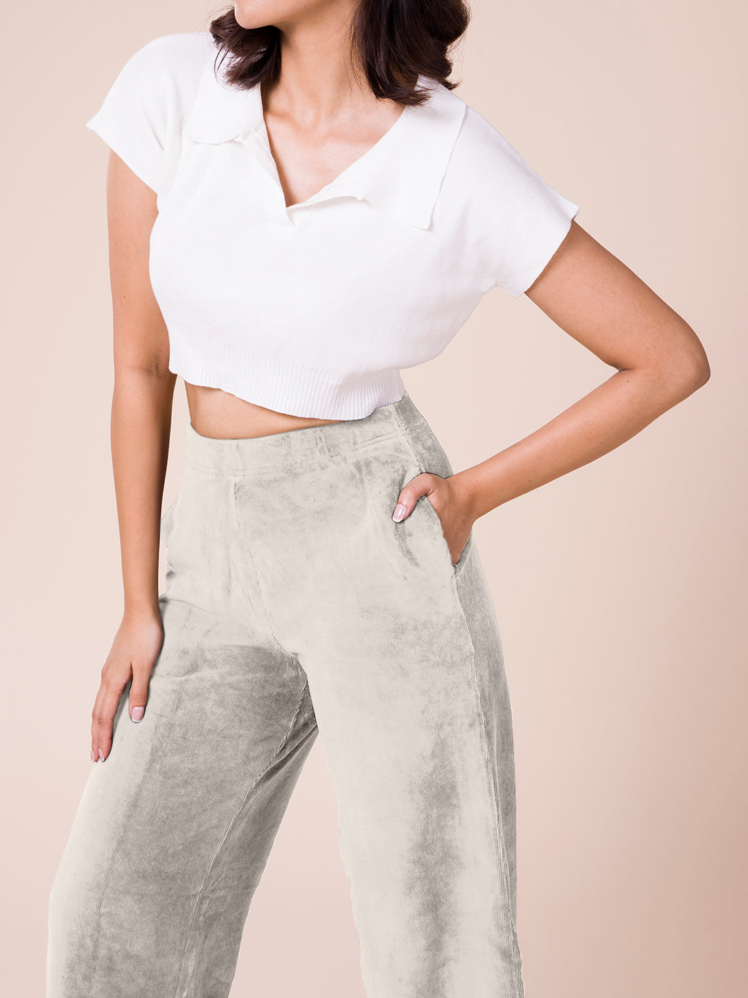 Women Solid Light Beige Mid Rise Corduory Wide Pants