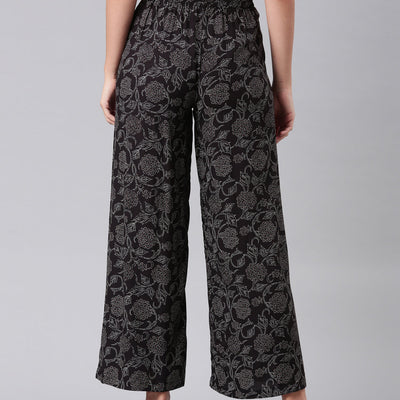 Women Black Woven Viscose Mid Rise Printed Palazzo