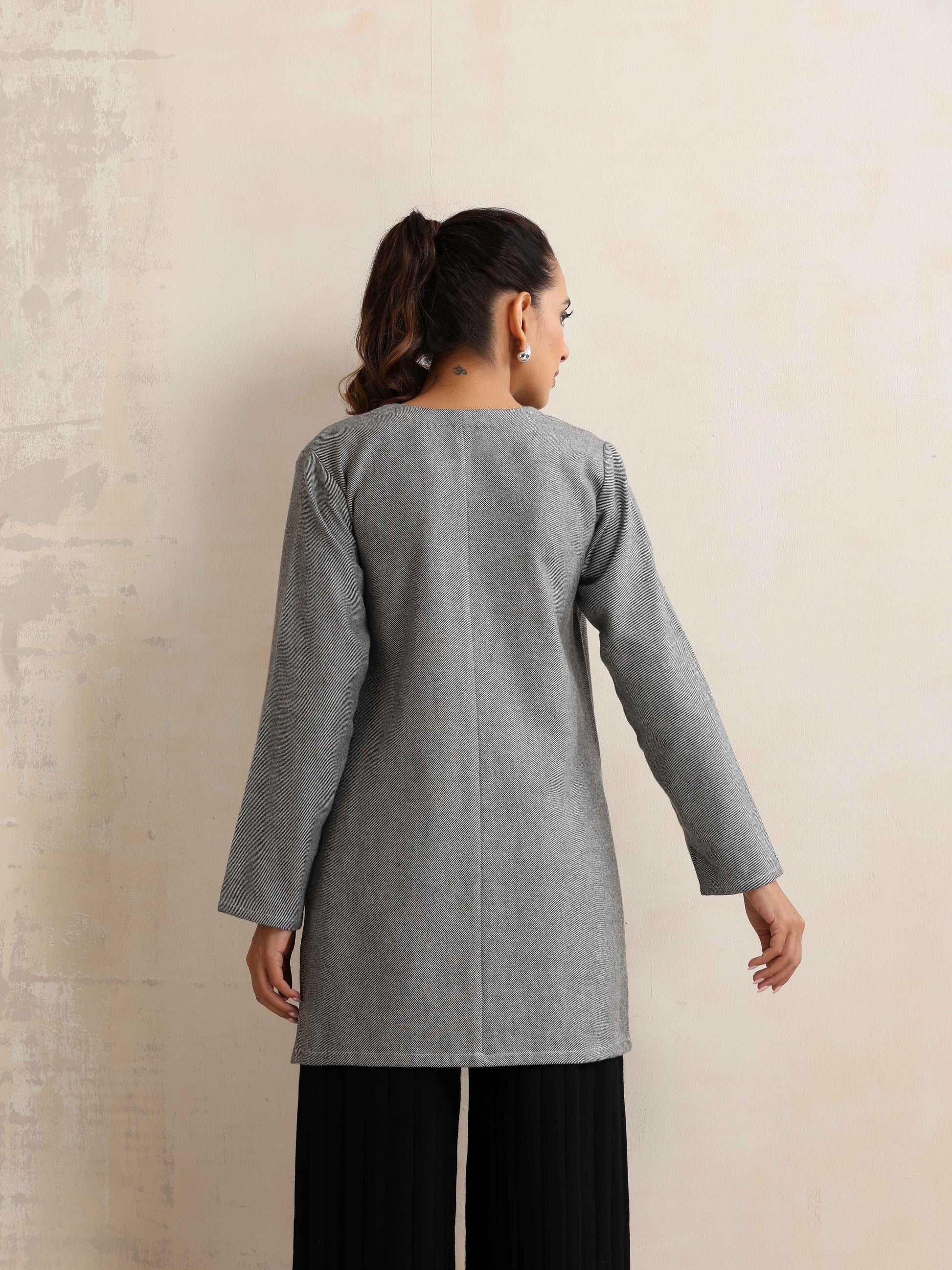 trueBrowns Grey Woollen High Slit Kurta