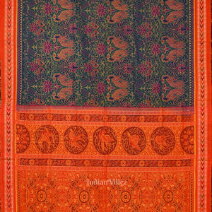 Green Lotus & Peacock Theme Sambalpuri Cotton Saree